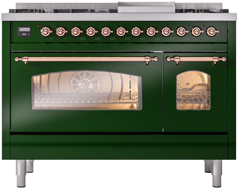 ILVE Nostalgie II 48-Inch Dual Fuel Freestanding Range in Emerald Green with Copper Trim (UP48FNMPEGP)