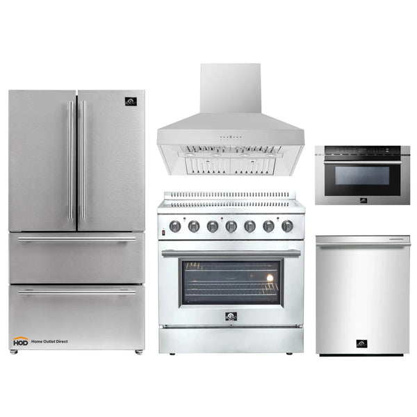 Forno 5-Piece Appliance Package - 36-Inch Electric Range, Wall Mount Range Hood, French Door Refrigerator, Dishwasher, and Microwave Drawer in Stainless Steel