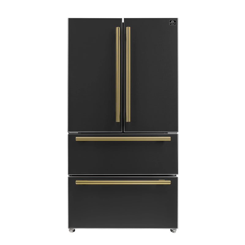 Forno Espresso Moena 36-inch 19.2 Cu.ft French Door Refrigerator in Black with Brass Handle (FFRBI1820-36BLK)