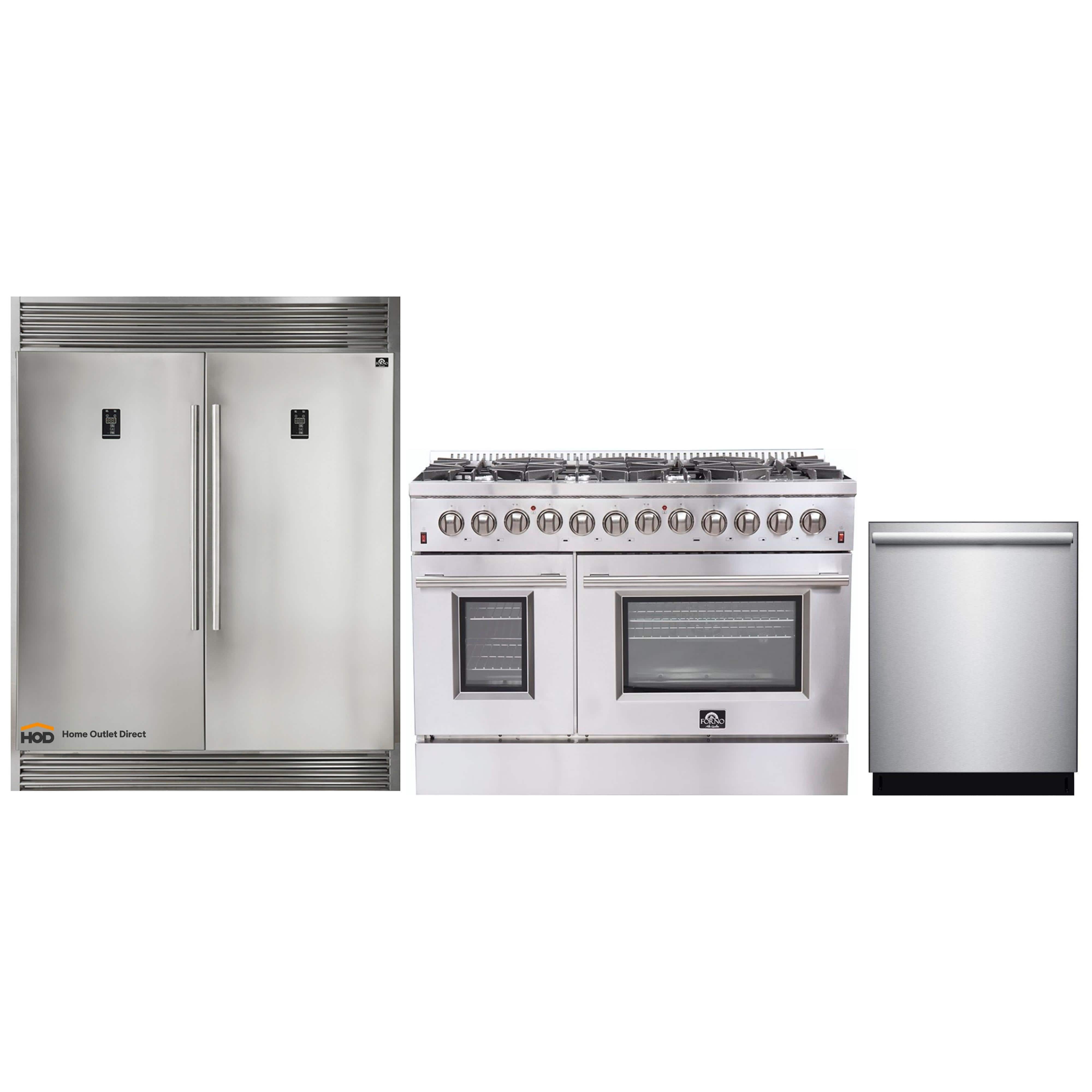 Forno 3-Piece Appliance Package - 48-Inch Dual Fuel Range, Pro-Style Refrigerator, and Dishwasher in Stainless Steel