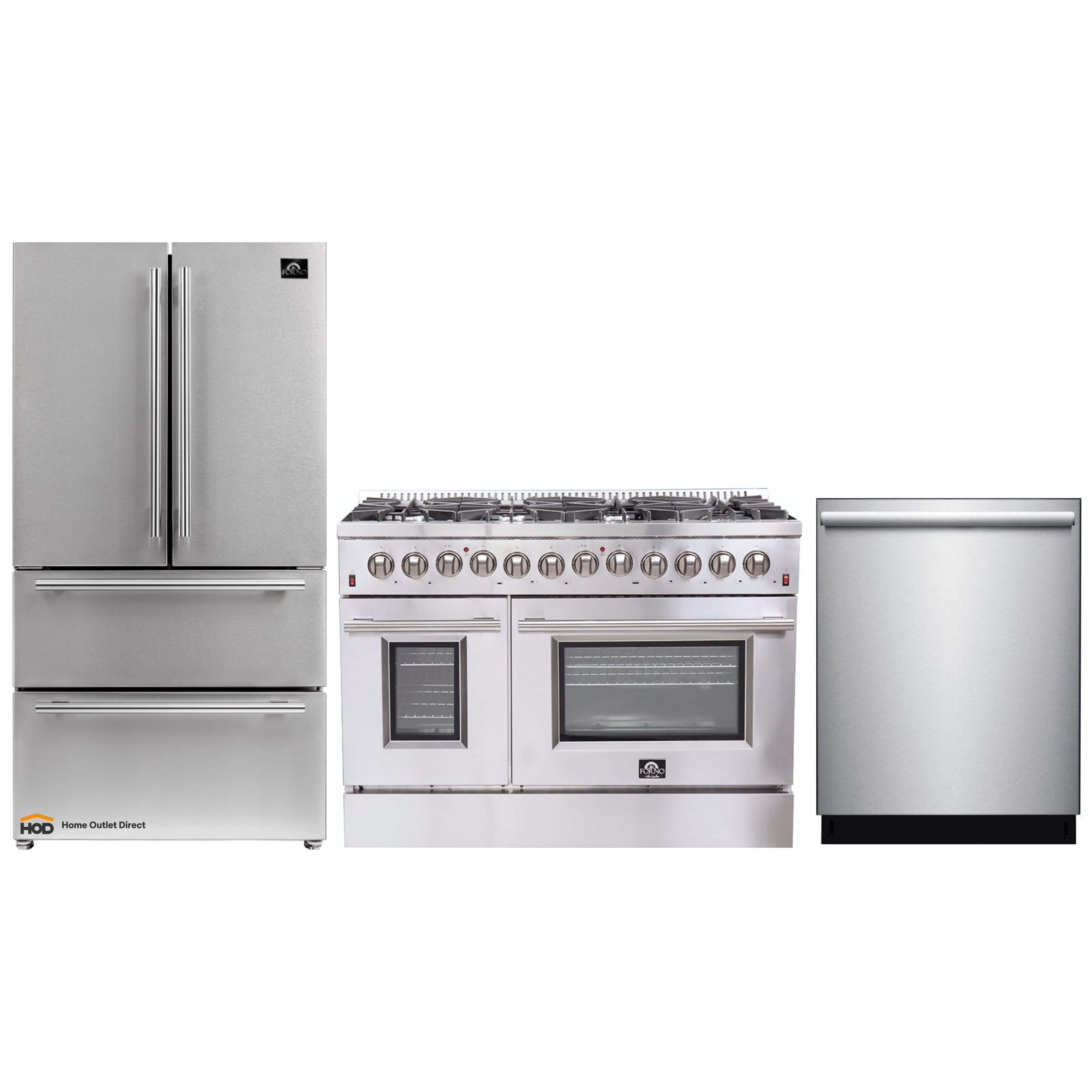Forno 3-Piece Appliance Package - 48-Inch Dual Fuel Range, French Door Refrigerator, and Dishwasher in Stainless Steel