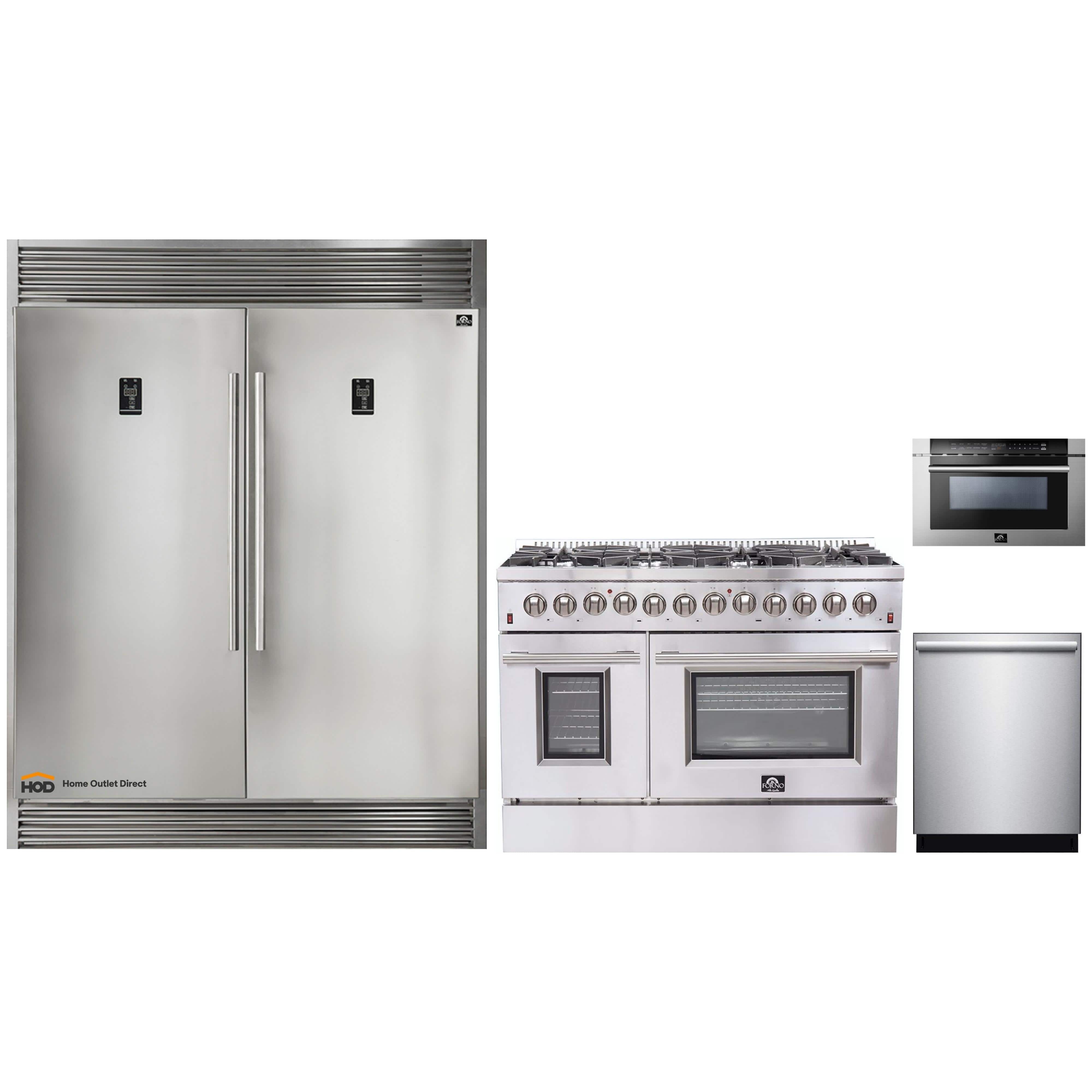 Forno 4-Piece Appliance Package - 48-Inch Dual Fuel Range, 60-Inch Pro-Style Refrigerator, 24-Inch Microwave Drawer, & 3-Rack Dishwasher in Stainless Steel