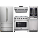 Thor Kitchen 5-Piece Appliance Package - 36" Gas Range, French Door Refrigerator, Under Cabinet Hood, Dishwasher, and Wine Cooler in Stainless Steel