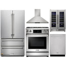 Thor Kitchen 5-Piece Appliance Package - 30" Gas Range with Tilt Panel, French Door Refrigerator, Wall Mount Hood, Dishwasher, and Wine Cooler in Stainless Steel
