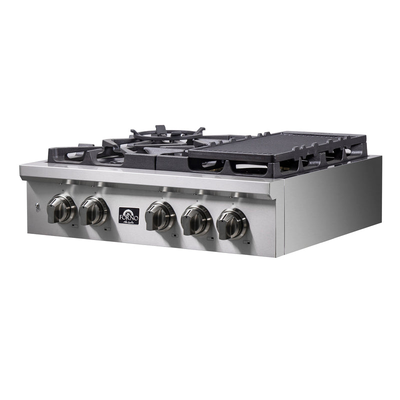 Forno Spezia 30" Gas Cooktop, 4 Burners, Wok Ring and Grill/Griddle in Stainless Steel (FCTGS5751-30)