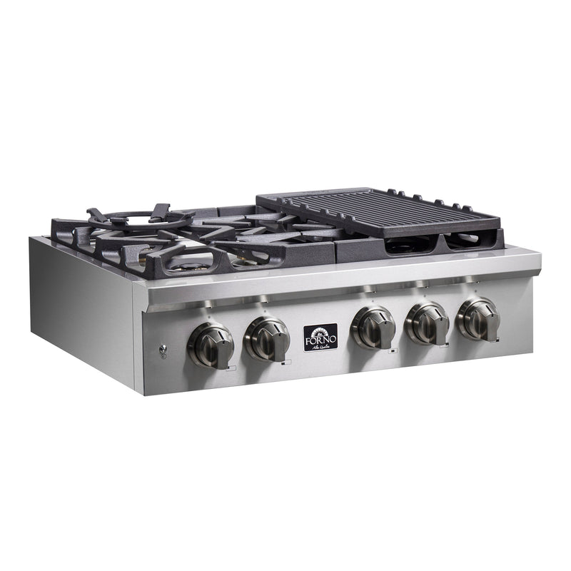 Forno Spezia 30" Gas Cooktop, 4 Burners, Wok Ring and Grill/Griddle in Stainless Steel (FCTGS5751-30)