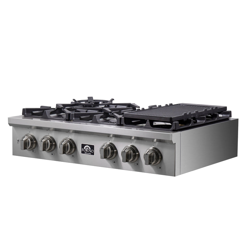 Forno Spezia 36" Gas Cooktop, 6 Burners. Wok Ring and Grill/Griddle in Stainless Steel (FCTGS5751-36)
