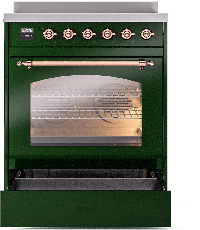 ILVE Nostalgie II 30-Inch Freestanding Electric Induction Range in Emerald Green with Copper Trim (UPI304NMPEGP)