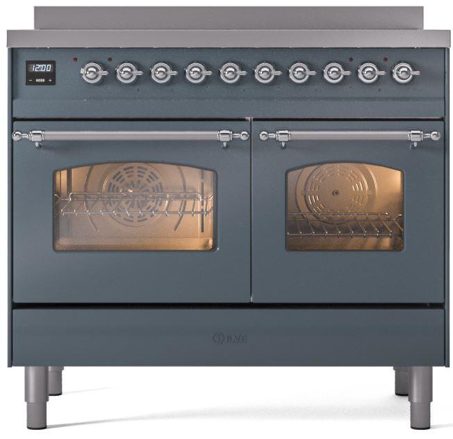 ILVE Nostalgie II 40-Inch Freestanding Electric Induction Range in Blue Grey with Chrome Trim (UPDI406NMPBGC)