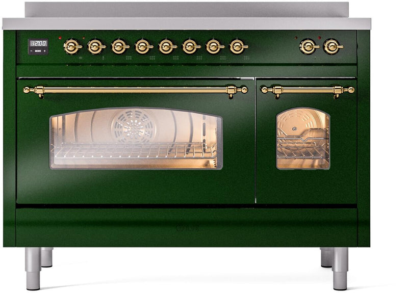 ILVE Nostalgie II 48-Inch Freestanding Electric Induction Range in Emerald Green with Brass Trim (UPI486NMPEGG)