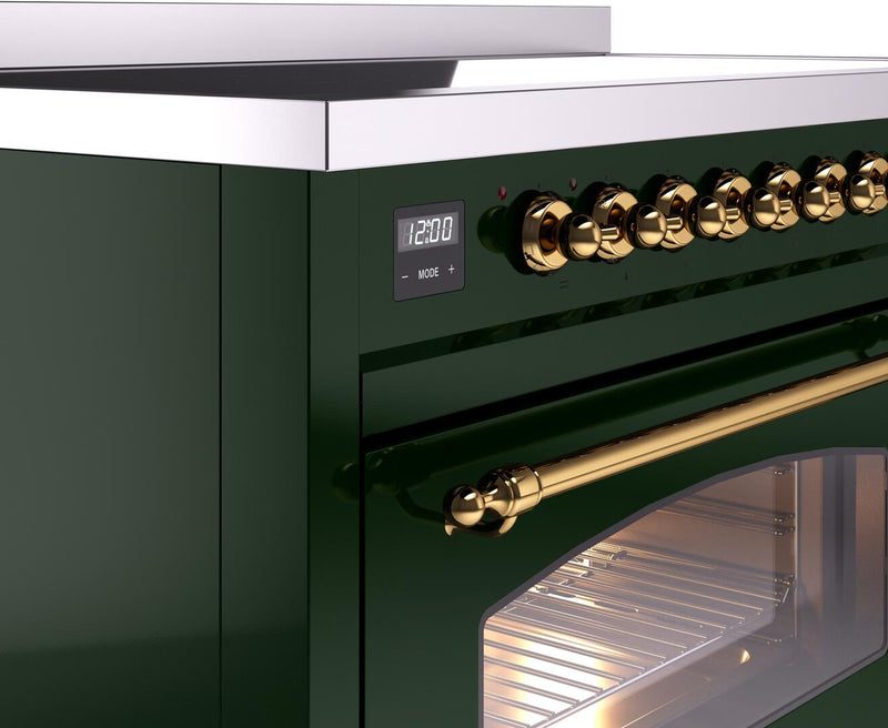 ILVE Nostalgie II 48-Inch Freestanding Electric Induction Range in Emerald Green with Brass Trim (UPI486NMPEGG)