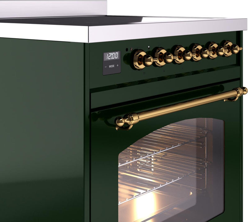 ILVE Nostalgie II 30-Inch Freestanding Electric Induction Range in Emerald Green with Brass Trim (UPI304NMPEGG)