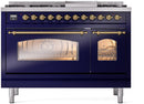 ILVE Nostalgie II 48-Inch Dual Fuel Freestanding Range with Removable Griddle in Midnight Blue with Brass Trim (UP48FNMPMBG)