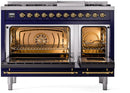 ILVE Nostalgie II 48-Inch Dual Fuel Freestanding Range with Removable Griddle in Midnight Blue with Brass Trim (UP48FNMPMBG)
