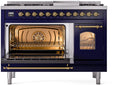 ILVE Nostalgie II 48-Inch Dual Fuel Freestanding Range with Removable Griddle in Midnight Blue with Brass Trim (UP48FNMPMBG)