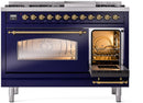 ILVE Nostalgie II 48-Inch Dual Fuel Freestanding Range with Removable Griddle in Midnight Blue with Brass Trim (UP48FNMPMBG)