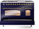 ILVE Nostalgie II 48-Inch Dual Fuel Freestanding Range with Removable Griddle in Midnight Blue with Brass Trim (UP48FNMPMBG)