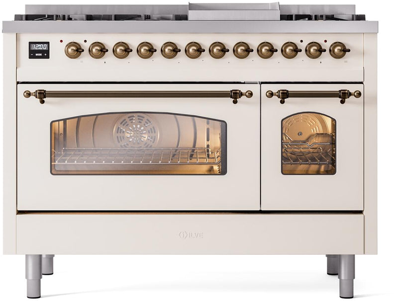 ILVE Nostalgie II 48-Inch Dual Fuel Freestanding Range with Removable Griddle in Antique White with Bronze Trim (UP48FNMPAWB)