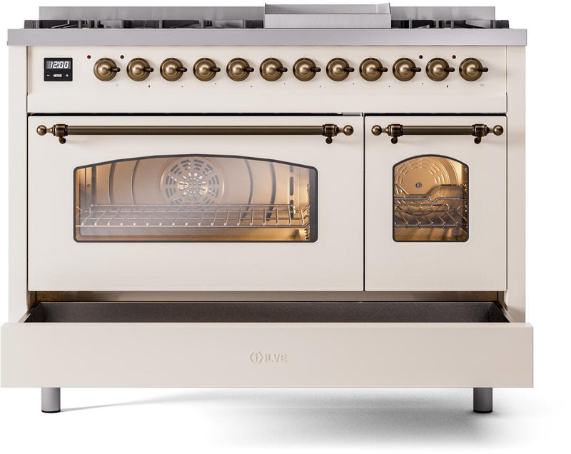 ILVE Nostalgie II 48-Inch Dual Fuel Freestanding Range with Removable Griddle in Antique White with Bronze Trim (UP48FNMPAWB)