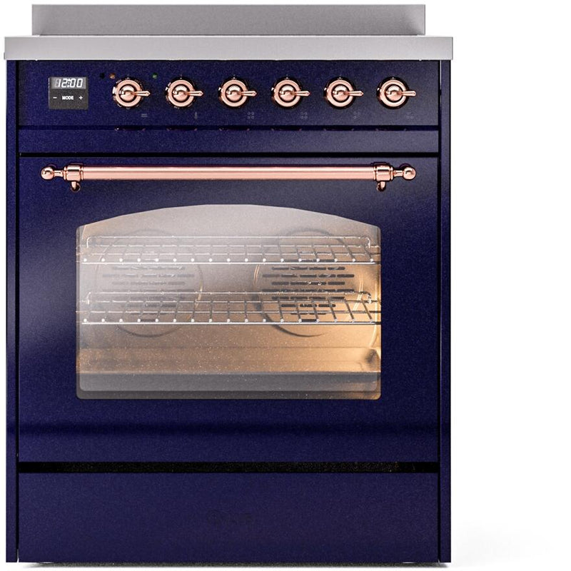 ILVE Nostalgie II 30-Inch Freestanding Electric Induction Range in Midnight Blue with Copper Trim (UPI304NMPMBP)