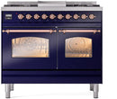 ILVE Nostalgie II 40-Inch Dual Fuel Freestanding Range with Removable Griddle in Midnight Blue with Copper Trim (UPD40FNMPMBP)