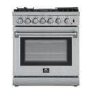 Forno 5-Piece Appliance Package - 30-Inch Dual Fuel Range with Air Fryer, 60-Inch Pro-Style Refrigerator, Wall Mount Hood, 24-Inch Microwave Oven, & 3-Rack Dishwasher in Stainless Steel