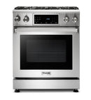 Thor Kitchen 4-Piece Appliance Package - 30-Inch Gas Range with Liquid Propane Kit, Tilt Panel, Refrigerator with Water Dispenser, Wall Mount Hood, & Dishwasher in Stainless Steel