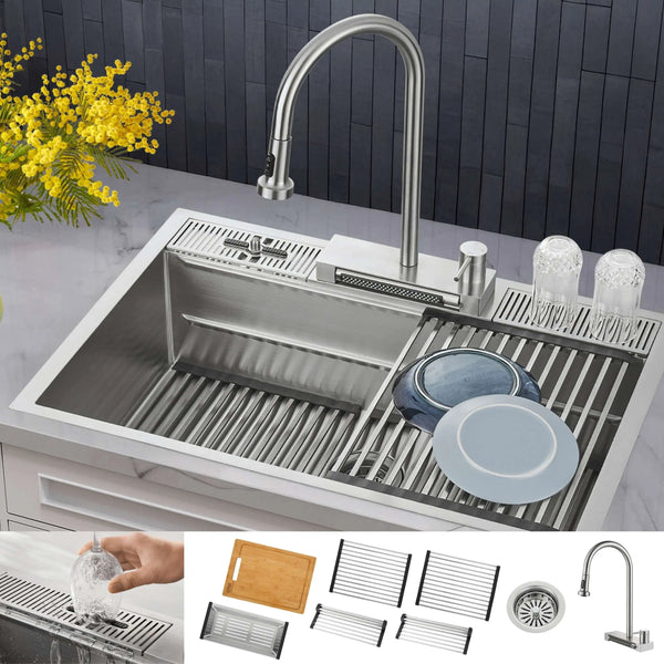 Forno Acqua 33-Inch Drop-In/Undermount MultiSINK Workstation Sink with Waterfall Faucet & Glass Rinser (E-XP30)