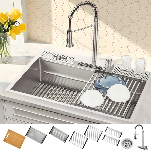 Forno Acqua 33-Inch Drop-In/Undermount 3-Level MultiSINK Workstation Sink with Waterfall Faucet & Glass Rinser (E-XP31)