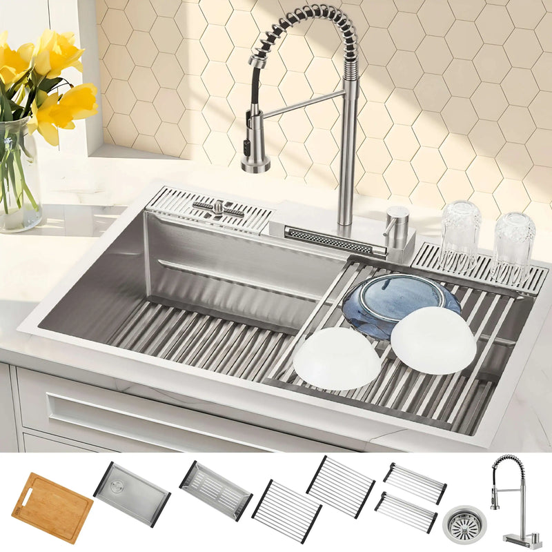 Forno Acqua 33-Inch Drop-In/Undermount 3-Level MultiSINK Workstation Sink with Waterfall Faucet & Glass Rinser (E-XP31)