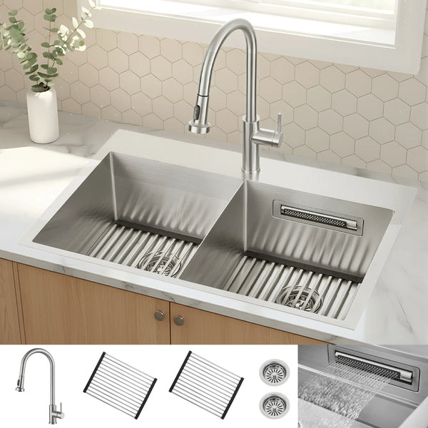 Forno Acqua 33-Inch Drop-In/Undermount 50/50 Double Bowl Stainless Steel Sink with Faucet & Waterfall (G-ZN30)