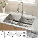 Forno Acqua 33-Inch Drop-In/Undermount 40/60 Double Bowl Stainless Steel Sink with Waterfall Faucet (H-XN30)