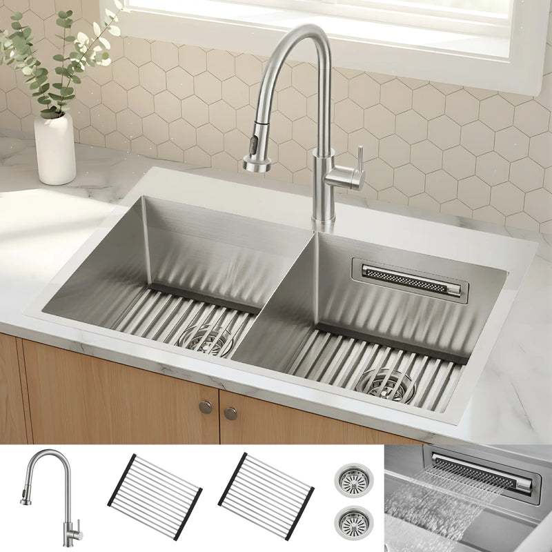 Forno Acqua 33-Inch Drop-In/Undermount 40/60 Double Bowl Stainless Steel Sink with Waterfall Faucet (H-XN30)