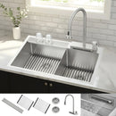 Forno Acqua 33-Inch Drop-In/Undermount 40/60 Double Bowl Stainless Steel Sink with Waterfall Faucet (H-XN30)