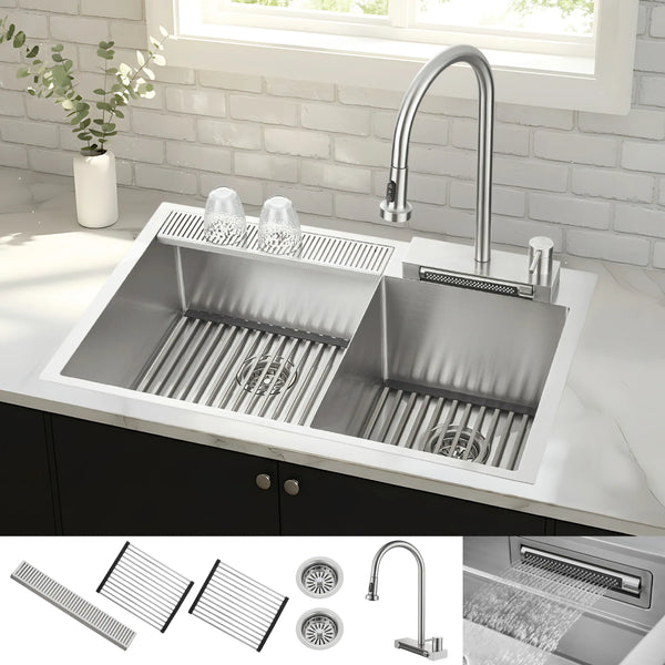 Forno Acqua 33-Inch Drop-In/Undermount 40/60 Double Bowl Stainless Steel Sink with Waterfall Faucet (H-XN30)