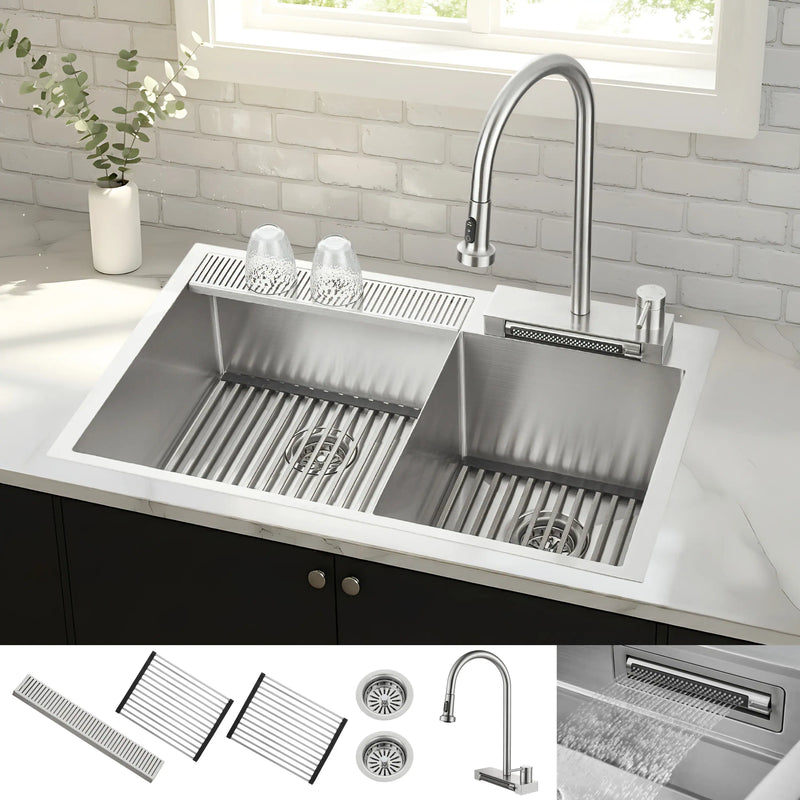 Forno Acqua 33-Inch Drop-In/Undermount 40/60 Double Bowl Stainless Steel Sink with Waterfall Faucet (H-XN30)
