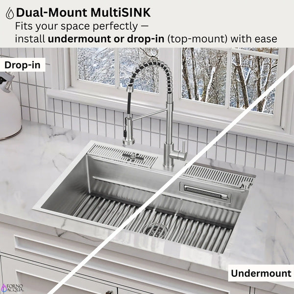 Forno Acqua 33-Inch Drop-In/Undermount 3-Level Workstation with Retractable Faucet & Glass Rinser (D-ZP30)
