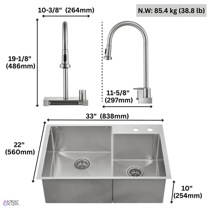 Forno Acqua 33-Inch Drop-In/Undermount 40/60 Double Bowl Stainless Steel Sink with Waterfall Faucet (H-XN30)