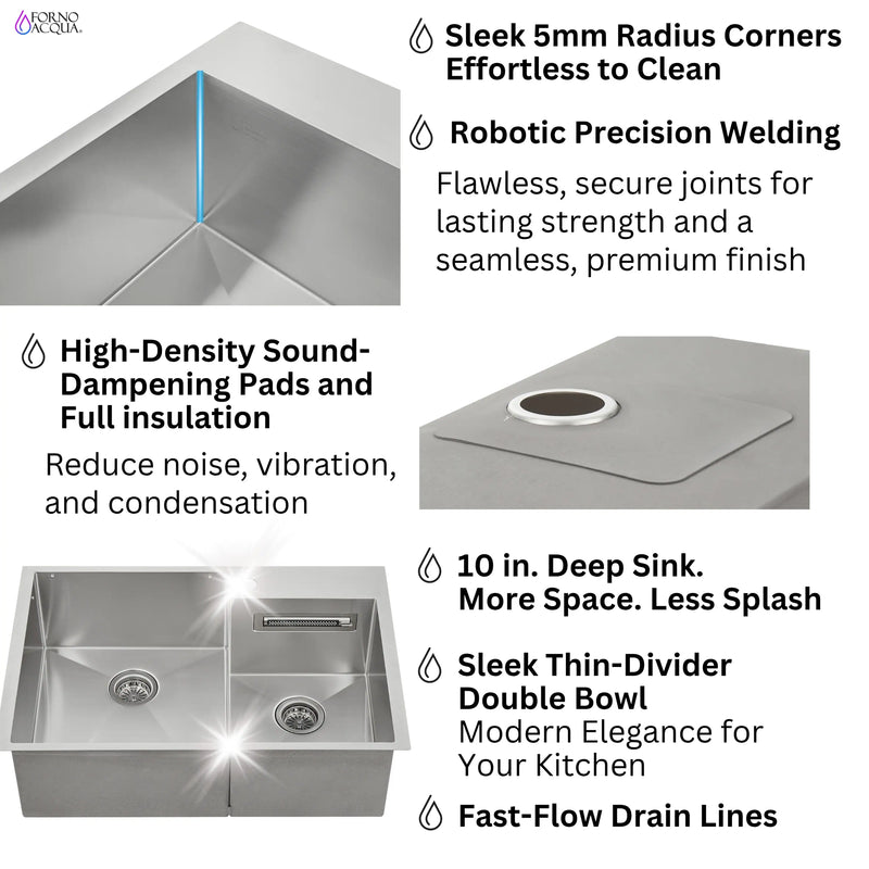 Forno Acqua 33-Inch Drop-In/Undermount 40/60 Double Bowl Sink with Retractable Faucet & Waterfall (H-ZN30)