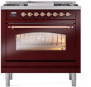 ILVE Nostalgie II 36-Inch Dual Fuel Freestanding Range with Removable Griddle in Burgundy with Copper Trim (UP36FNMPBUP)