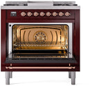 ILVE Nostalgie II 36-Inch Dual Fuel Freestanding Range with Removable Griddle in Burgundy with Copper Trim (UP36FNMPBUP)