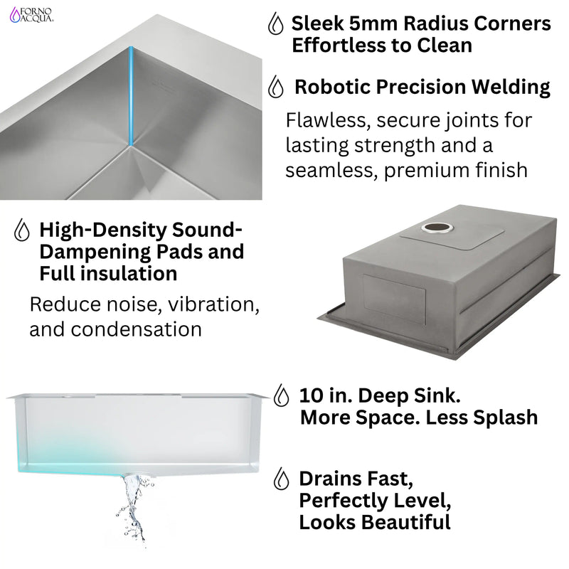 Forno Acqua 33-Inch Drop-In/Undermount 3-Level Workstation Sink with Faucet, Waterfall & Glass Rinser (E-ZP31)