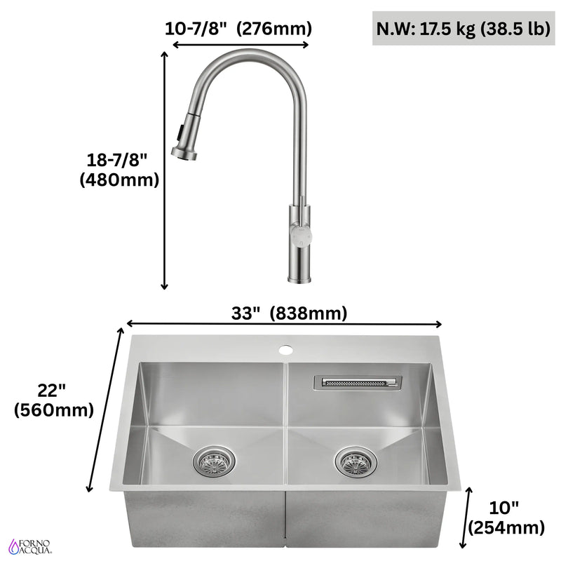 Forno Acqua 33-Inch Drop-In/Undermount 50/50 Double Bowl Stainless Steel Sink with Faucet & Waterfall (G-ZN30)