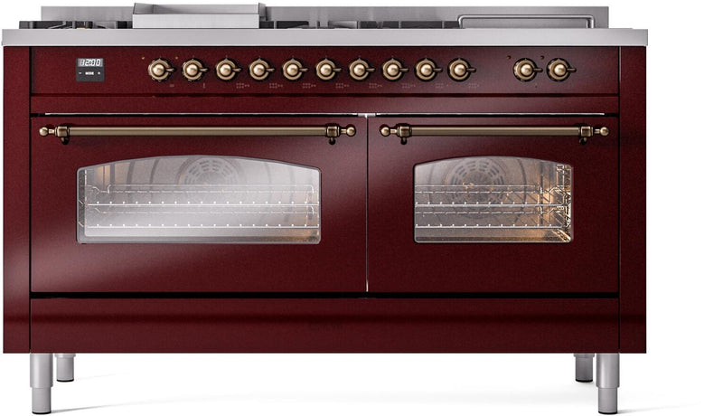 ILVE Nostalgie II 60-Inch Dual Fuel Freestanding Range with Removable Griddle in Burgundy with Bronze Trim (UP60FSNMPBUB)