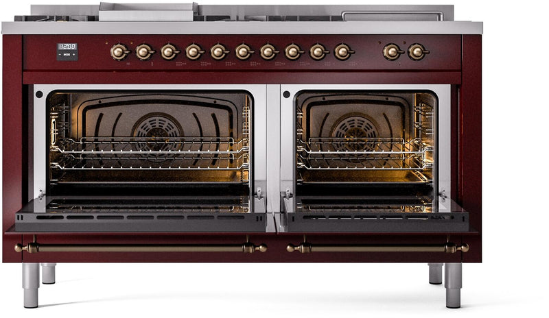ILVE Nostalgie II 60-Inch Dual Fuel Freestanding Range with Removable Griddle in Burgundy with Bronze Trim (UP60FSNMPBUB)