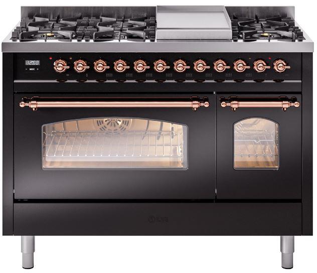 ILVE Nostalgie II 48-Inch Dual Fuel Freestanding Range with Removable Griddle in Glossy Black with Copper Trim (UP48FNMPBKP)