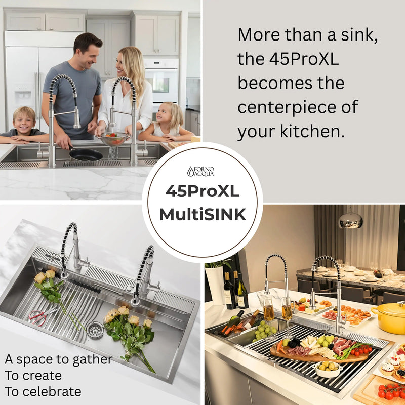 Forno Acqua 45-Inch Drop-In/Undermount 3-Level Workstation Sink with Two Faucets & Glass Rinser (J-WP31)