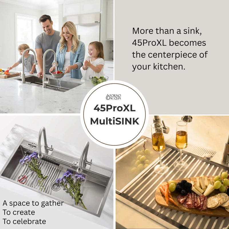 Forno Acqua 45-Inch Drop-In/Undermount 3-Level Workstation Sink with Two Faucets & Glass Rinser (J-WP30)