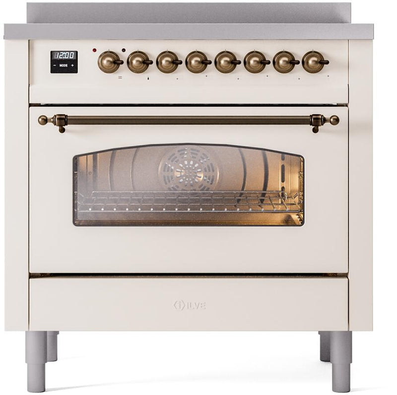 ILVE Nostalgie II 36-Inch Freestanding Electric Induction Range in Antique White with Bronze Trim (UPI366NMPAWB)