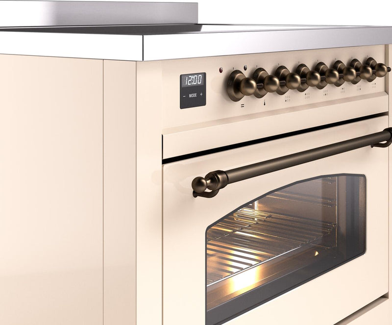 ILVE Nostalgie II 36-Inch Freestanding Electric Induction Range in Antique White with Bronze Trim (UPI366NMPAWB)